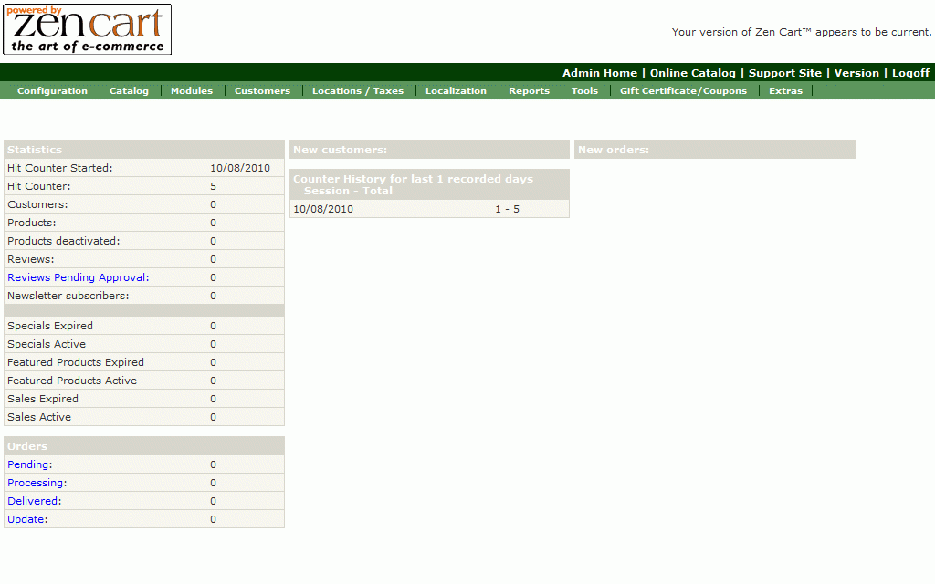 Zen Cart dashboard