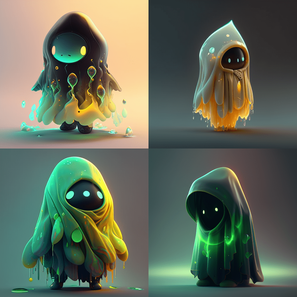 /imagine prompt: light humanoid cloak little slime traits abstract 2d character-min