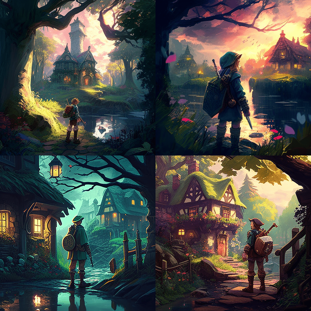 /imagine Prompt: Link from Legend of Zelda but in the style of a Thomas Kinkade painting-min