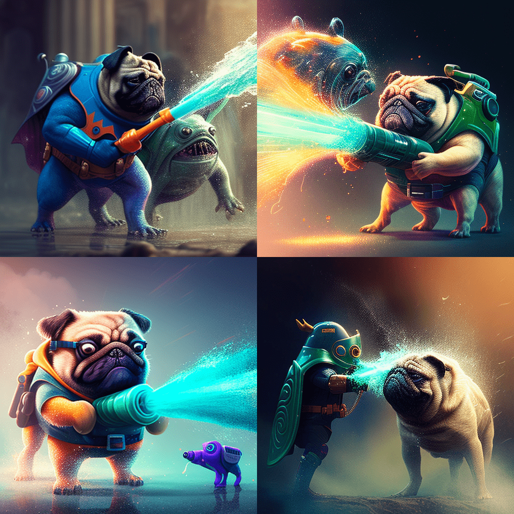 /imagine prompt: .a pug dog fighting against a super villain using water guns-min