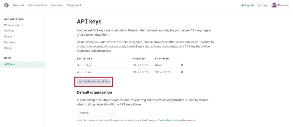 Create new API Key